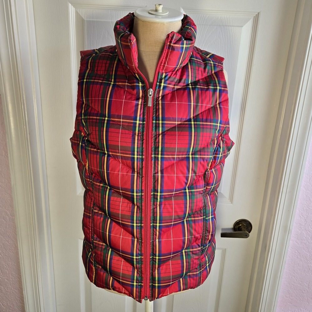 Lands End Plaid Down Puffer Vest Women's Size S 6-8 Red Checkered Holiday Travel